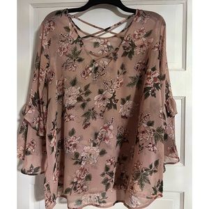Pink and floral ruffle sleeve blouse